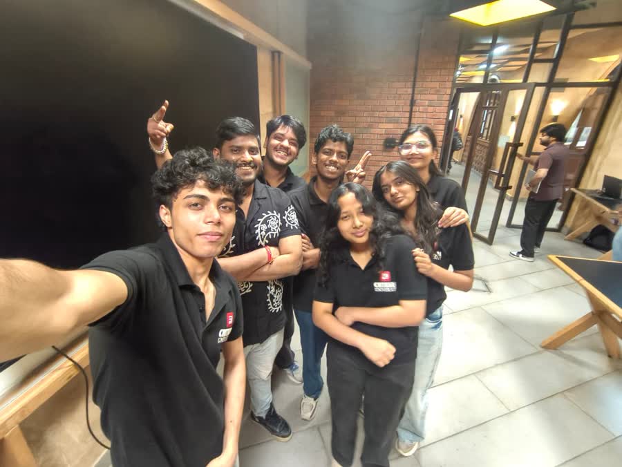 Group selfie with students